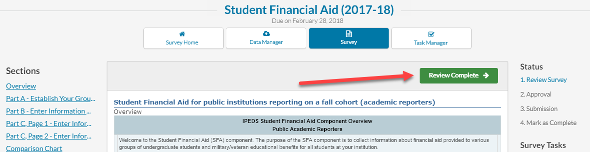 Review Complete button in the upper right of the survey form.